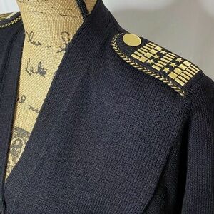 St. John Wool Blend Knit Cardigan Black Gold Military Embellished, Size Small